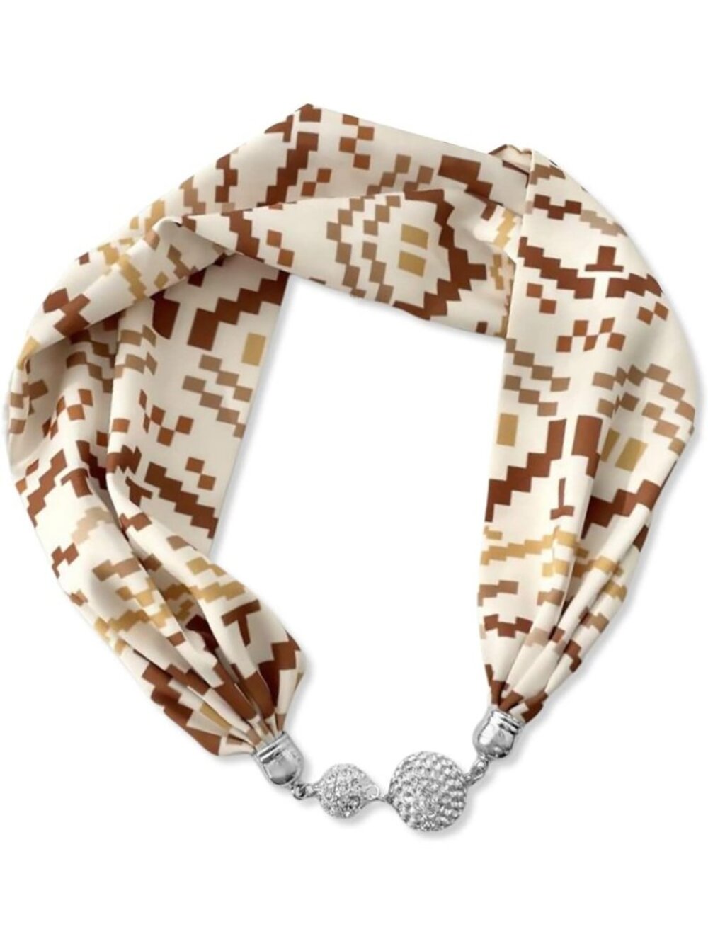 Elegant Silk Scarf Necklace with Rhinestone Magnetic Buckle & Clavicle Chain